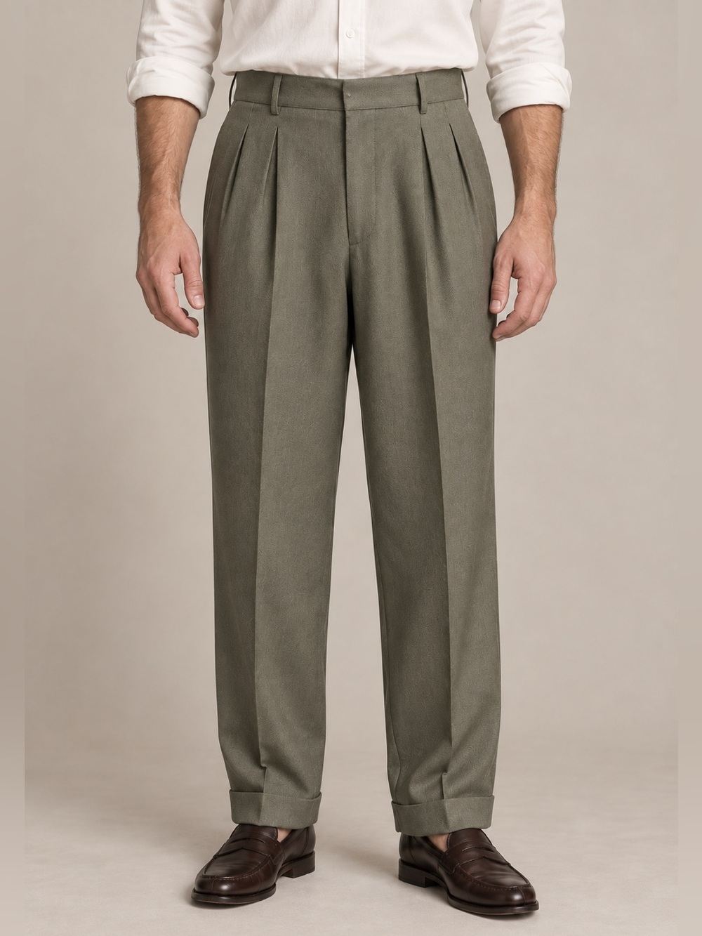 Jos. A. Bank 100% Silk Olive Green Pleated Dress Pants Cuffed (32x29)